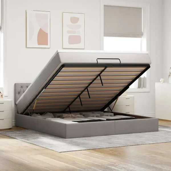 Cadre de lit ottoman avec matelas taupe 160x200 cm tissu