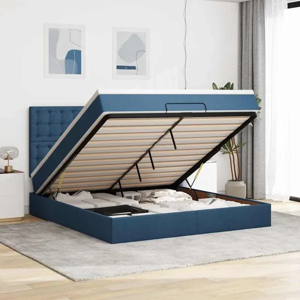 Cadre de lit ottoman avec matelas bleu 160x200 cm tissu