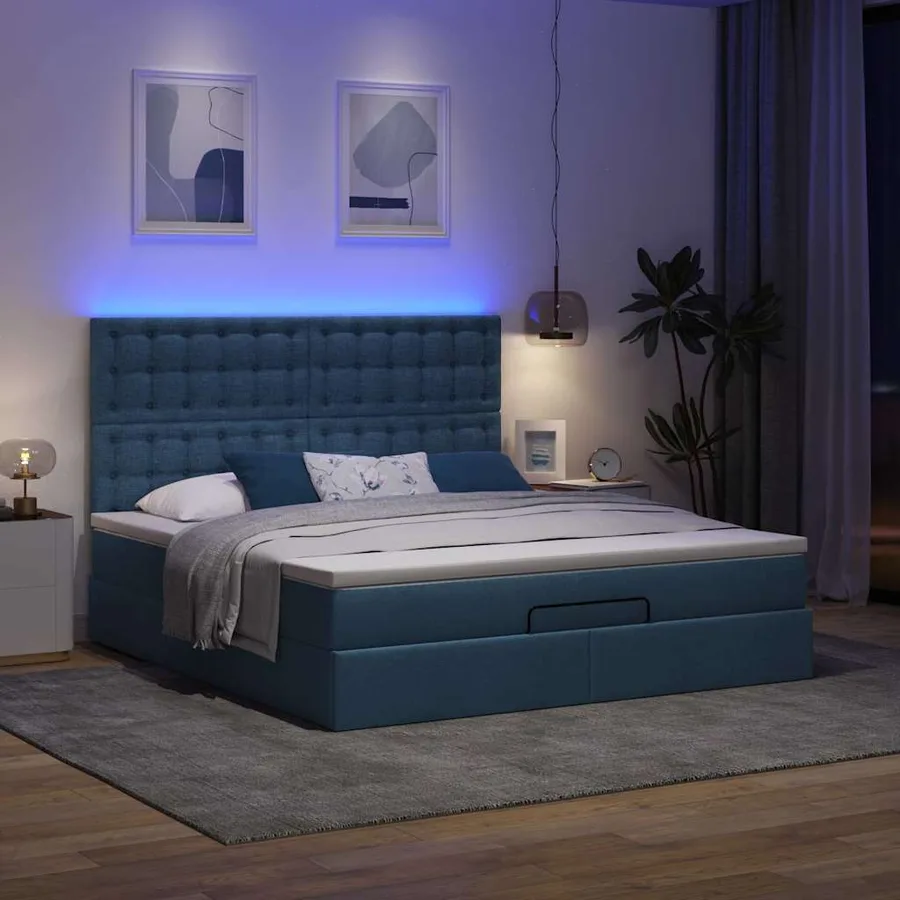 Cadre de lit ottoman avec matelas bleu 160x200 cm tissu - 3