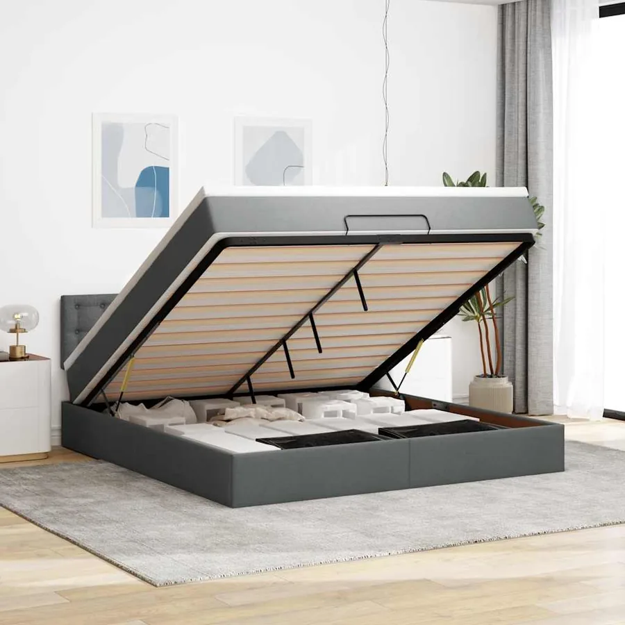 Lit ottoman avec matelas et LED Gris foncé 180x200 cm tissu