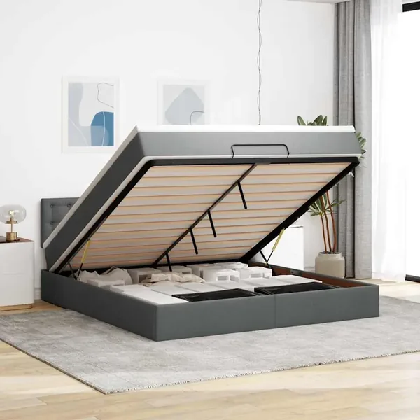Lit ottoman avec matelas et LED Gris foncé 180x200 cm tissu