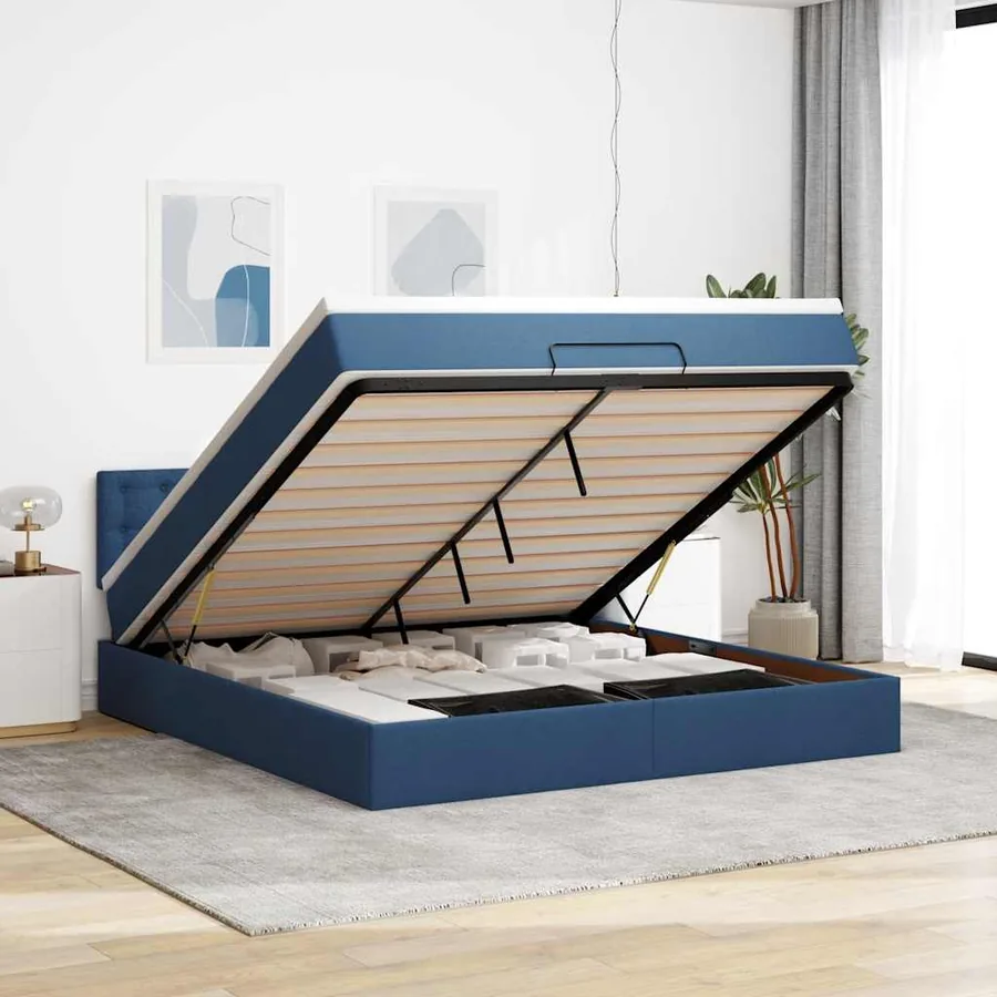 Lit ottoman avec matelas et LED bleu 180x200cm tissu