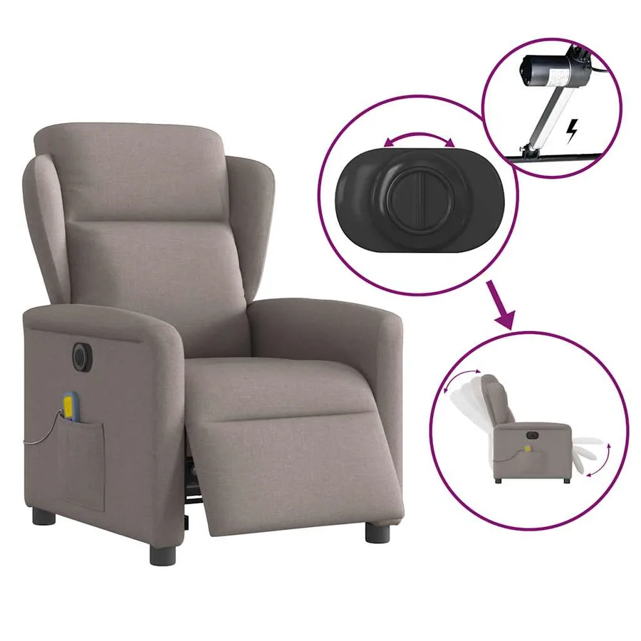 Fauteuil de massage inclinable électrique Taupe Tissu - 8