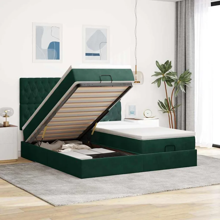 Cadre de lit ottoman avec matelas vert foncé 160x200 cm velours