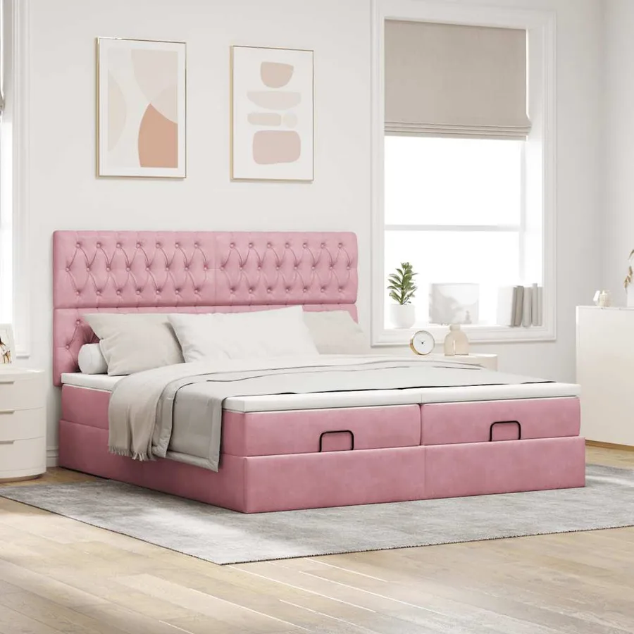 Cadre de lit ottoman avec matelas rose 160x200 cm velours - 4
