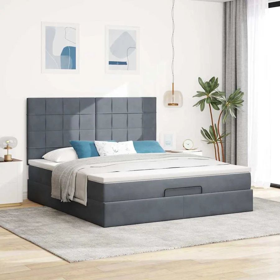 Cadre de lit ottoman avec matelas gris foncé 180x200cm velours - 3