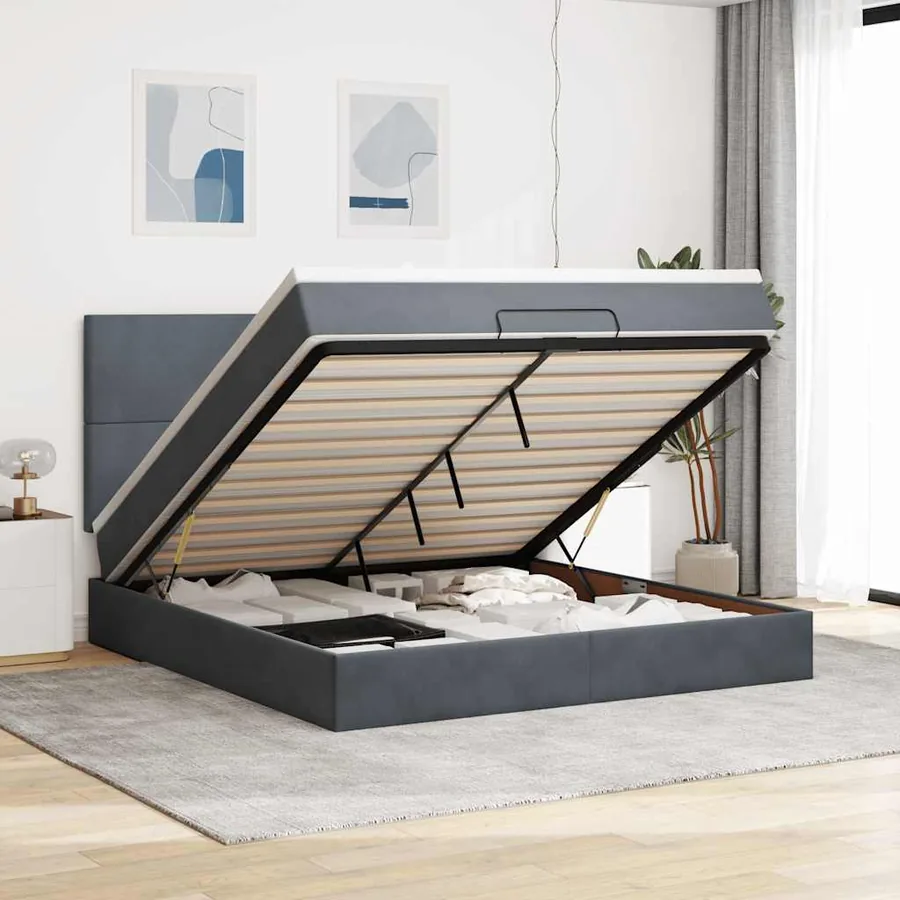 Cadre de lit ottoman avec matelas gris foncé 180x200cm velours