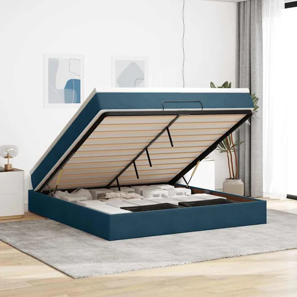 Cadre de lit ottoman avec matelas bleu foncé 180x200 cm velours