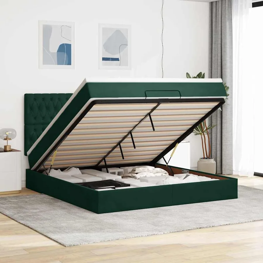 Cadre de lit ottoman avec matelas vert foncé 180x200cm velours