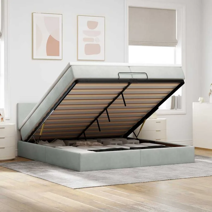 Cadre de lit ottoman avec matelas gris clair 200x200 cm velours