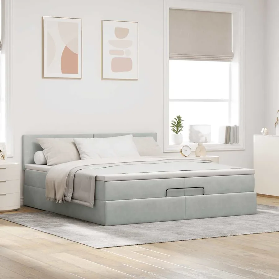 Cadre de lit ottoman avec matelas gris clair 200x200 cm velours - 3