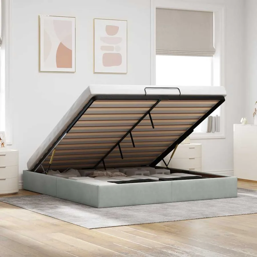 Cadre de lit ottoman sans matelas gris clair 200x200 cm velours