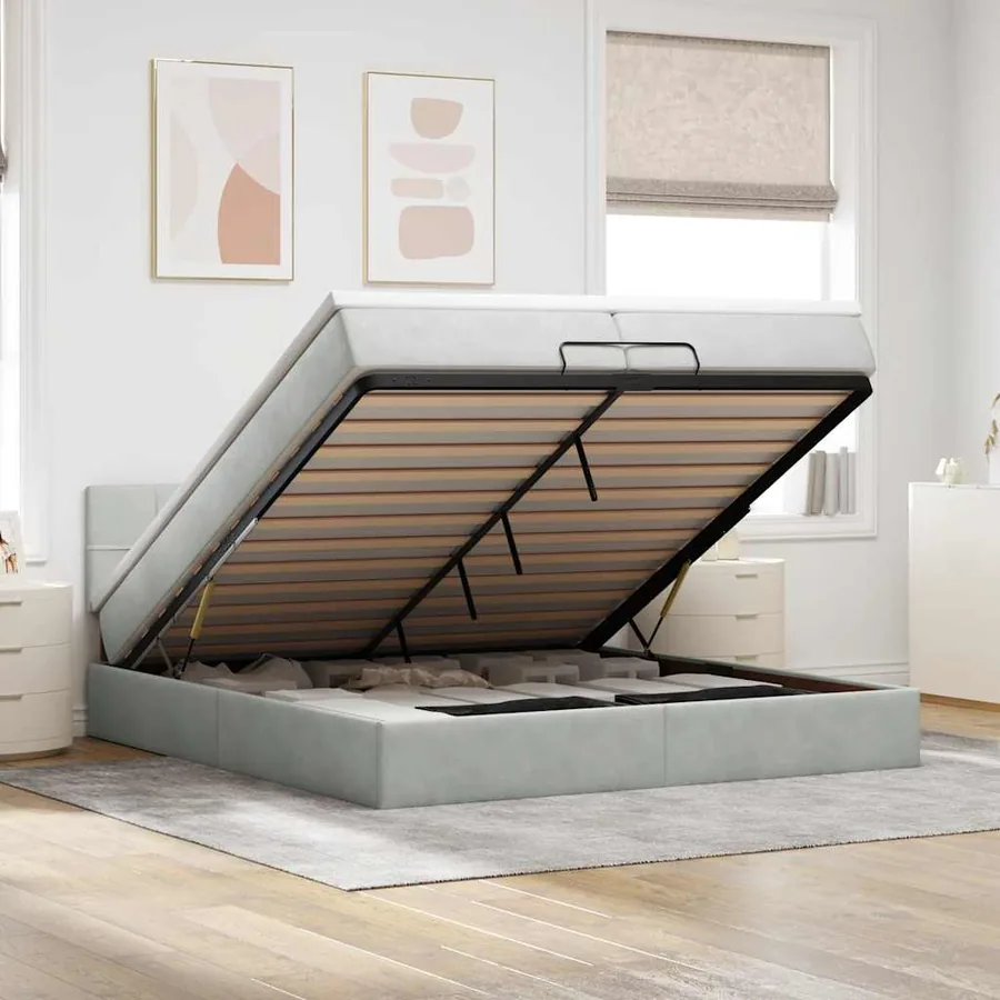 Cadre de lit ottoman avec matelas gris clair 200x200 cm velours