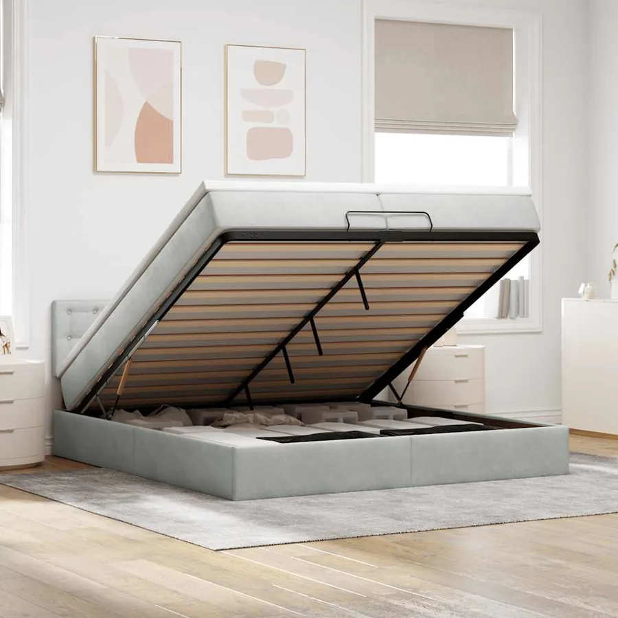 Cadre de lit ottoman avec matelas gris clair 200x200 cm velours