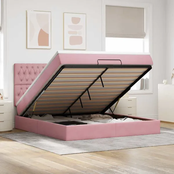 Cadre de lit ottoman avec matelas rose 180x200 cm velours