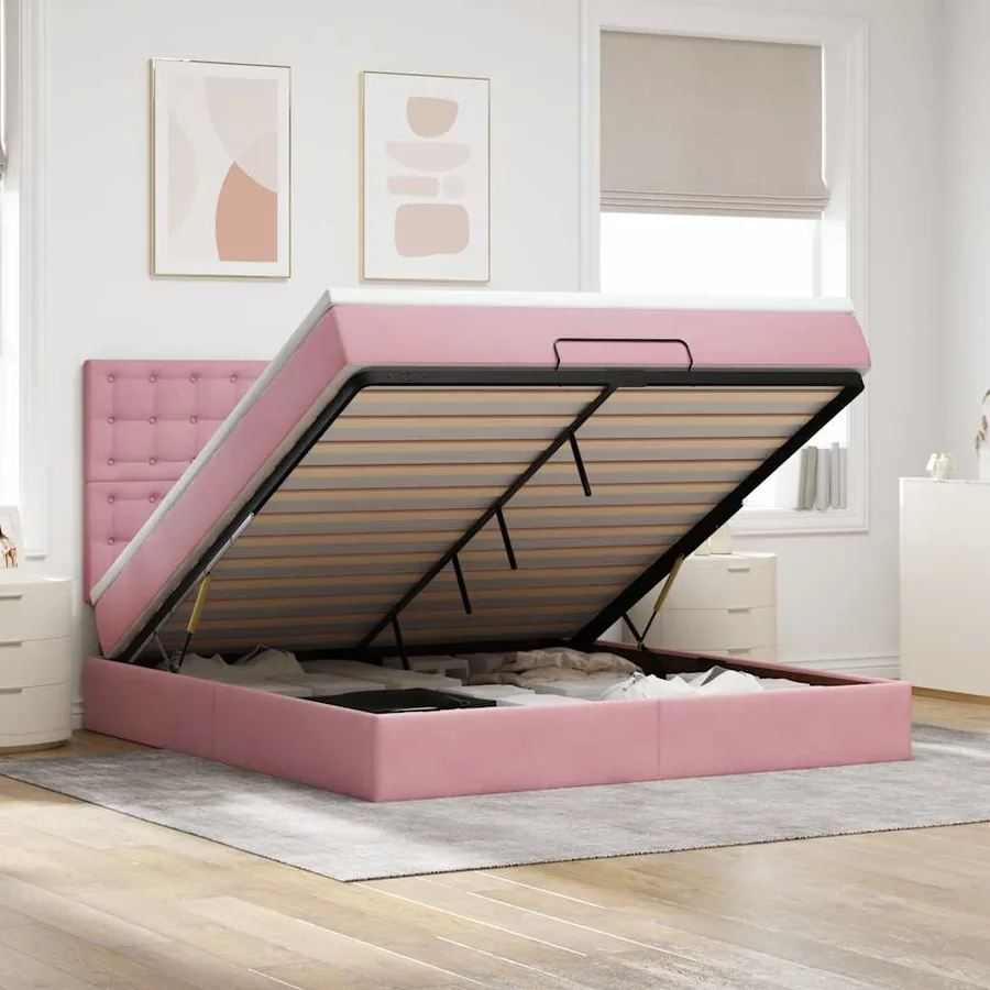 Cadre de lit ottoman avec matelas rose 180x200 cm velours