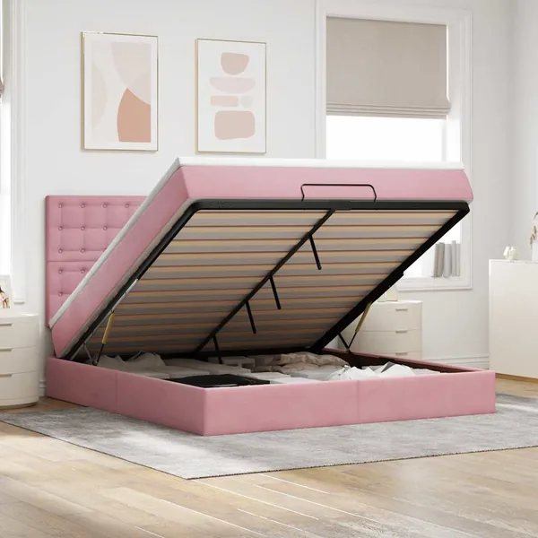 Cadre de lit ottoman avec matelas rose 180x200 cm velours