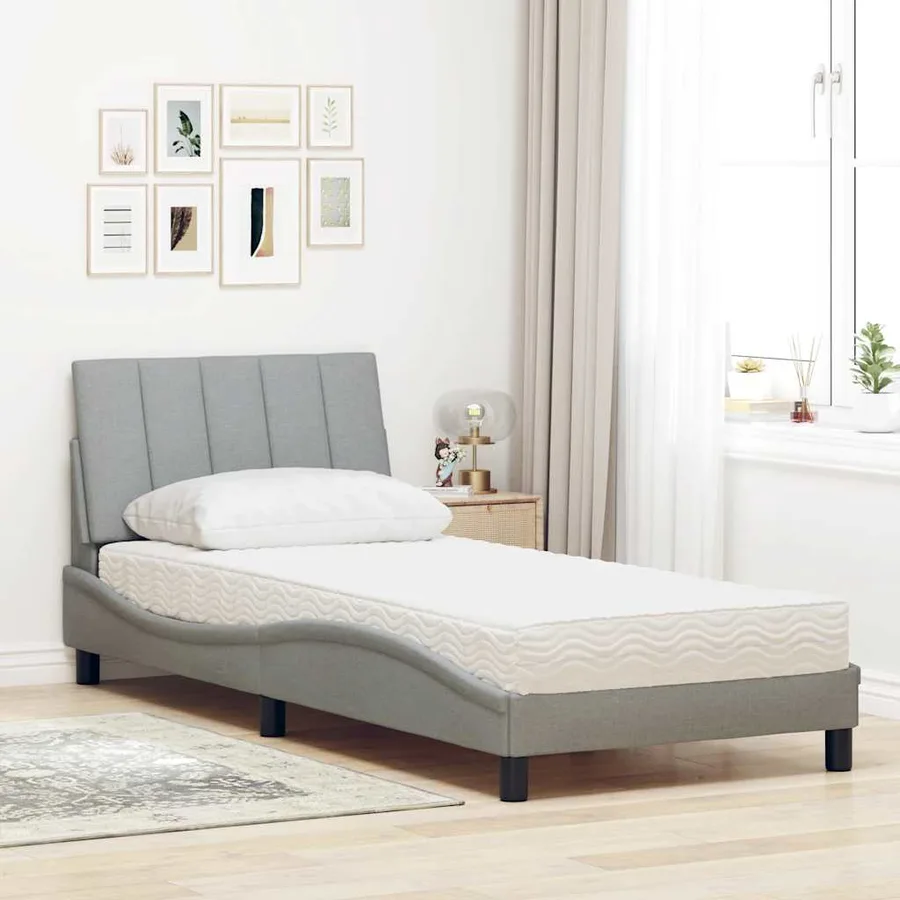 Lit avec matelas Hanko gris clair 80x200 cm tissu - 3