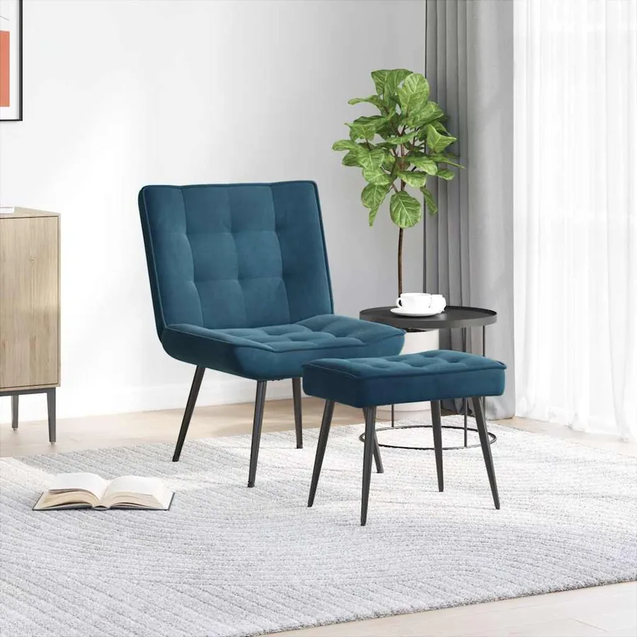 Chaise de relaxation avec tabouret Bleu Velours