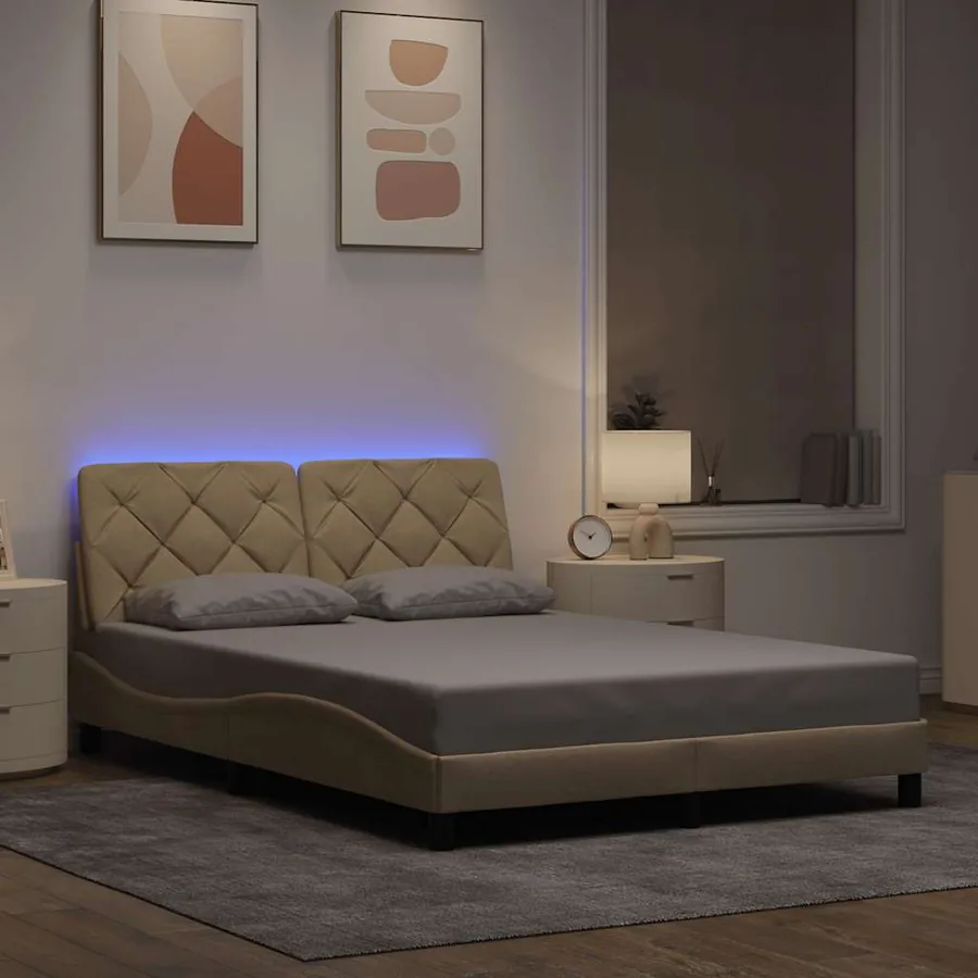 Cadre de lit avec LED sans matelas crème 140x200 cm tissu