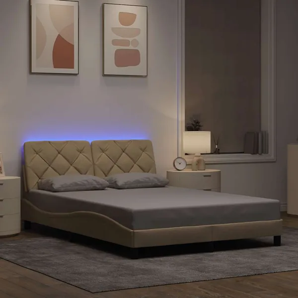 Cadre de lit avec LED sans matelas crème 140x200 cm tissu
