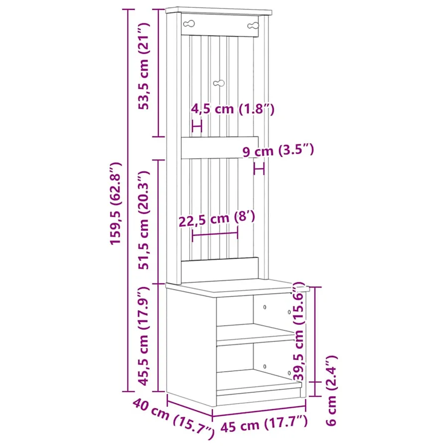 Portemanteau SANDNES blanc 45x40x159,5 cm bois massif pin - 11
