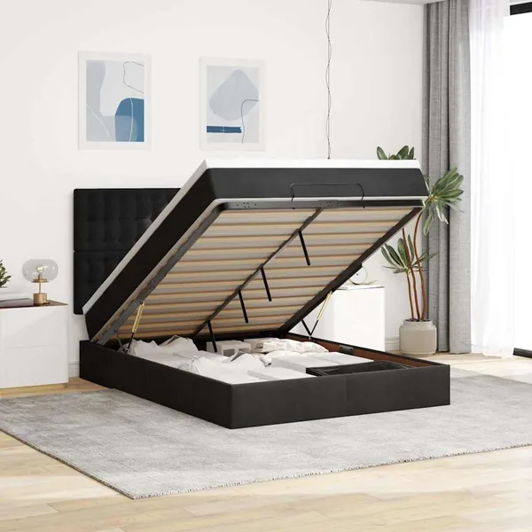 Cadre de lit ottoman avec matelas noir 140x200 cm velours