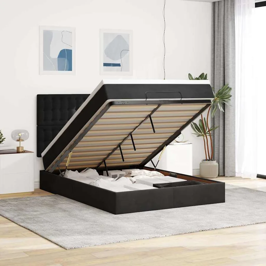 Cadre de lit ottoman avec matelas noir 140x200 cm velours