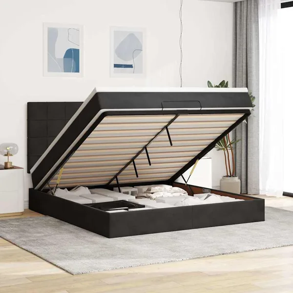 Cadre de lit ottoman avec matelas noir 160x200 cm velours