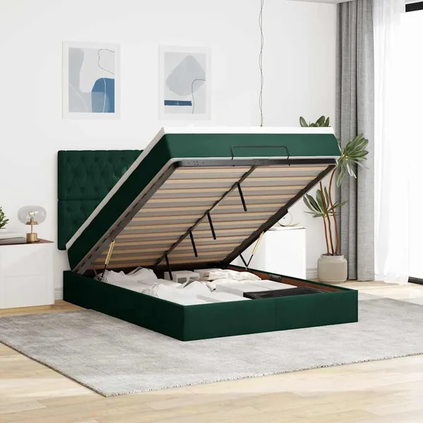 Cadre de lit ottoman avec matelas vert foncé 140x200 cm velours