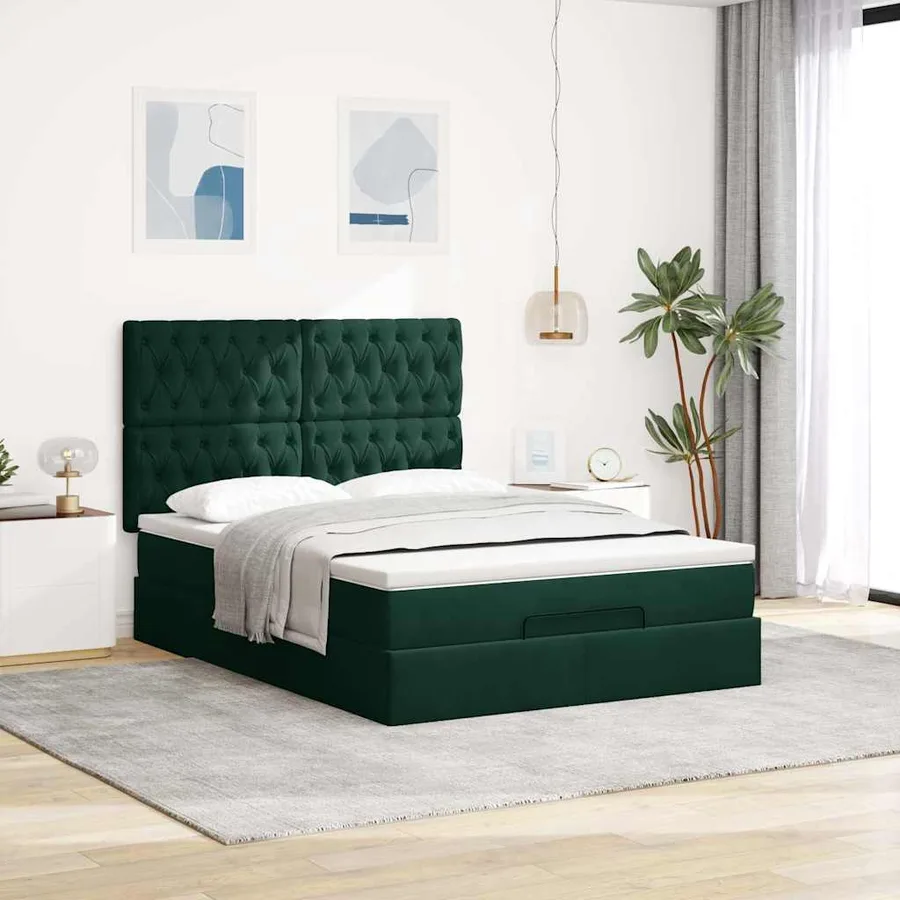 Cadre de lit ottoman avec matelas vert foncé 140x200 cm velours - 3