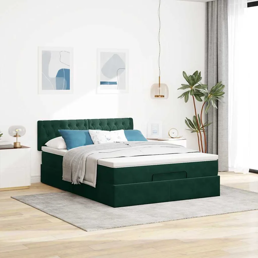 Cadre de lit ottoman avec matelas vert foncé 140x200 cm velours - 4