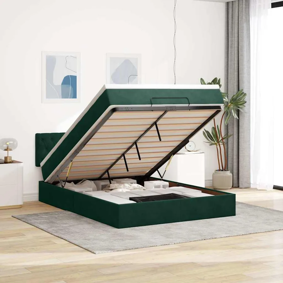 Cadre de lit ottoman avec matelas vert foncé 140x200 cm velours