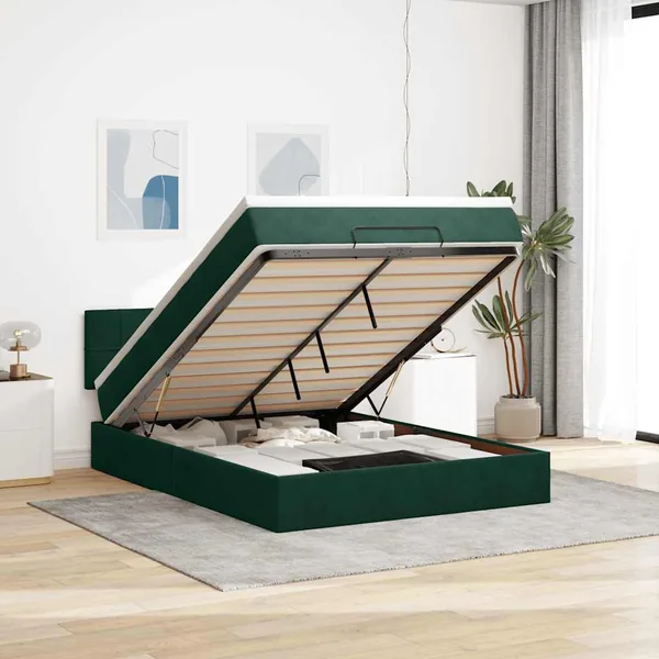 Cadre de lit ottoman avec matelas vert foncé 140x200 cm velours