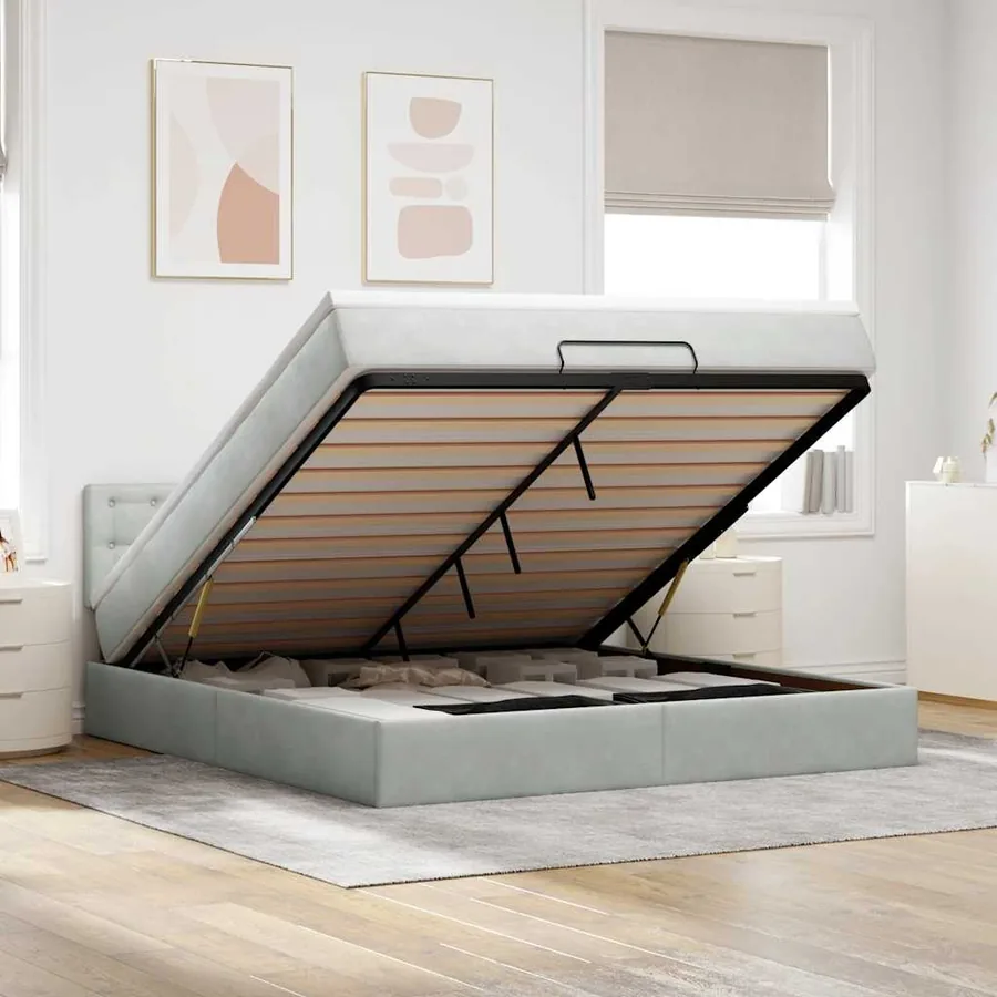 Cadre de lit ottoman avec matelas gris clair 160x200 cm velours