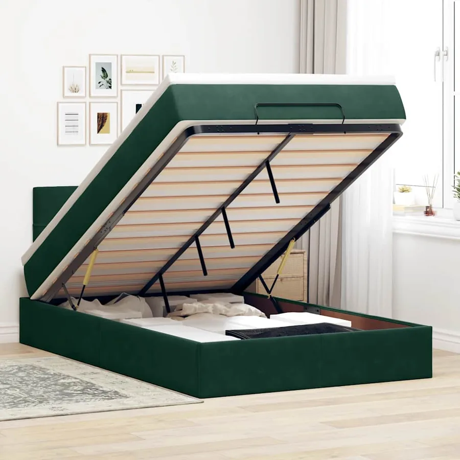 Cadre de lit ottoman avec matelas vert foncé 120x200 cm velours