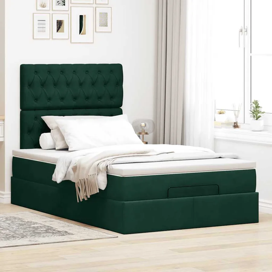 Cadre de lit ottoman avec matelas vert foncé 120x200 cm velours - 3