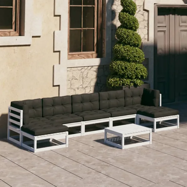 Salon de jardin avec coussins 8 pcs blanc bois de pin massif