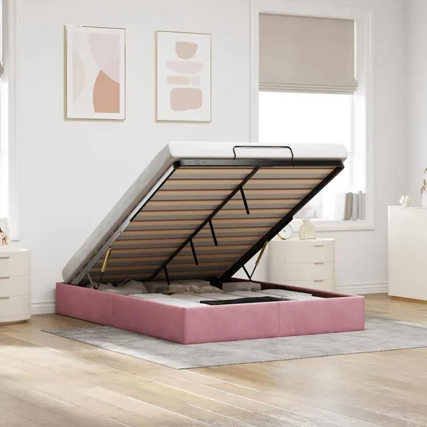 Cadre de lit ottoman sans matelas rose 140x190 cm velours