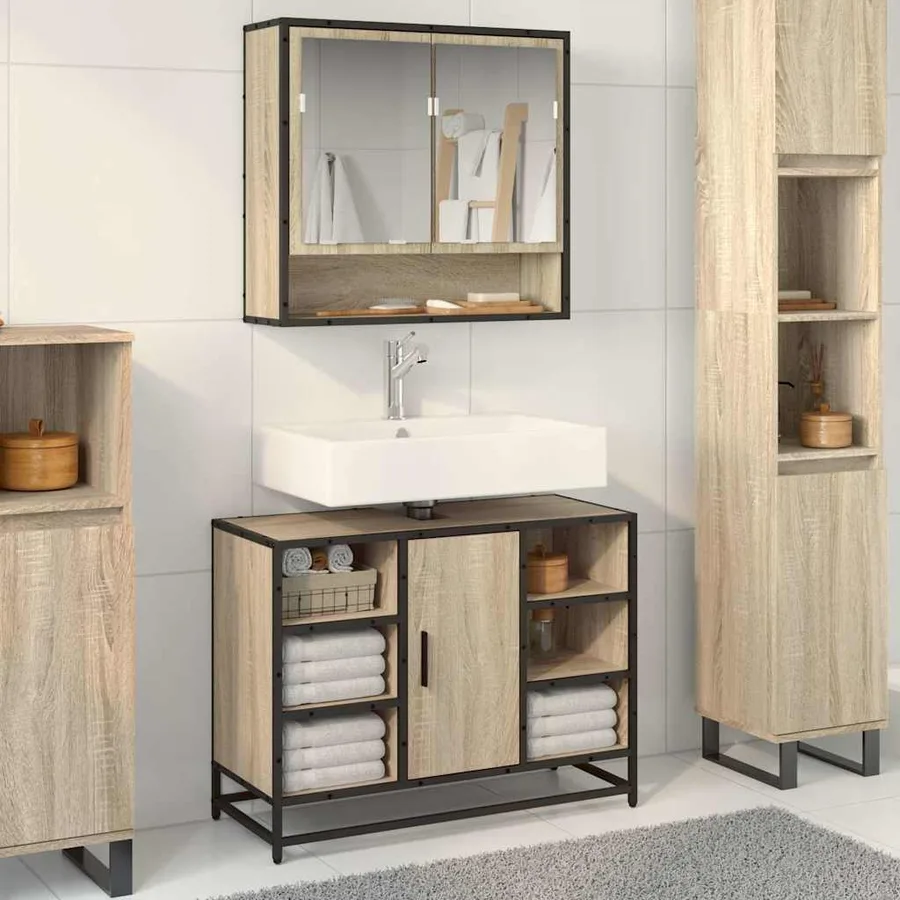 Meuble de salle de bain avec lavabo Chêne Sonoma 80 x 33 x 60 cm Bois d'ingénierie - 4