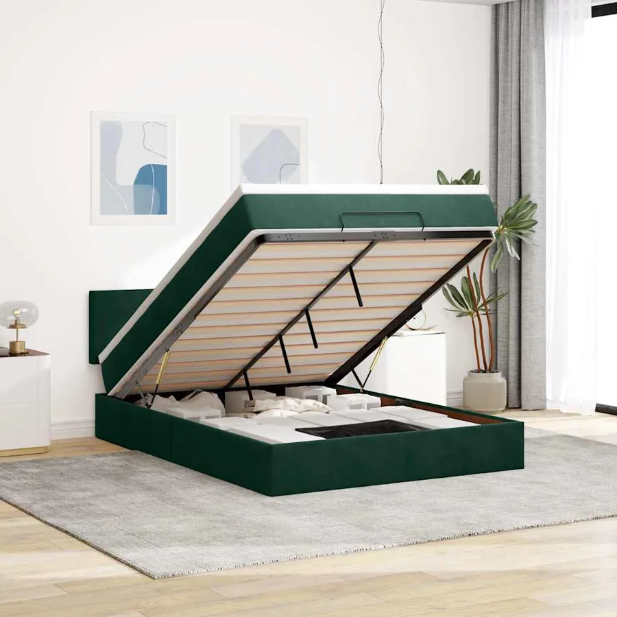 Cadre de lit ottoman avec matelas vert foncé 140x190 cm velours