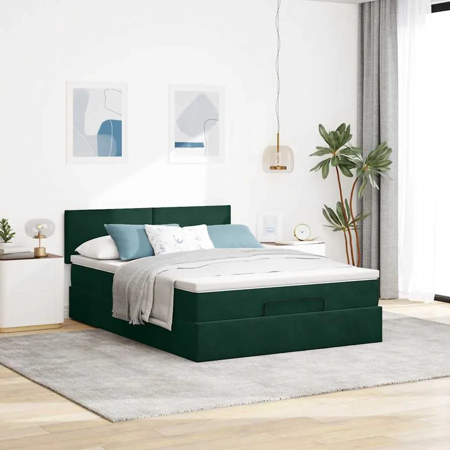 Cadre de lit ottoman avec matelas vert foncé 140x190 cm velours - 3