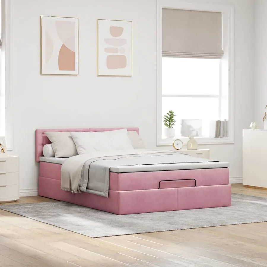 Cadre de lit ottoman avec matelas rose 140x190 cm velours - 4