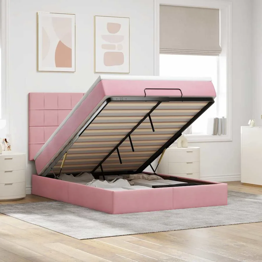 Cadre de lit ottoman avec matelas rose 140x190 cm velours