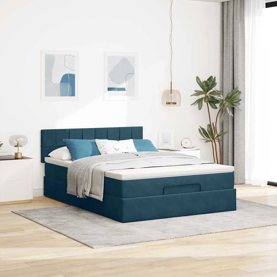 Cadre de lit ottoman avec matelas bleu foncé 140x190 cm velours - 3