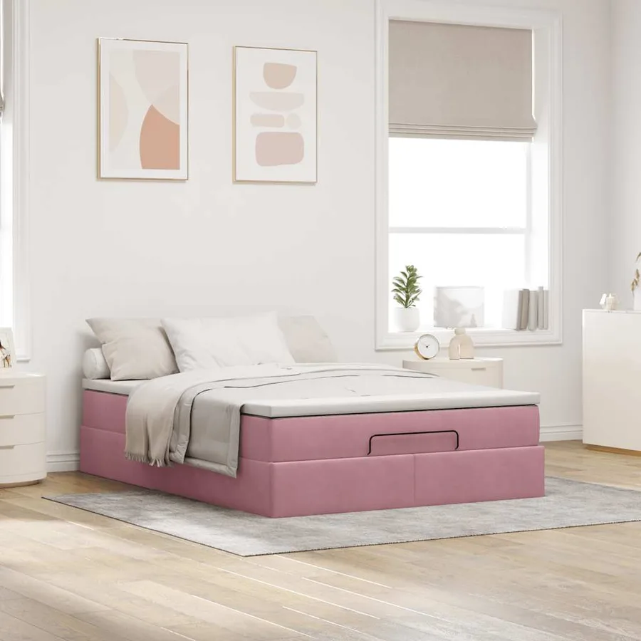 Cadre de lit ottoman avec matelas rose 140x190 cm velours - 3