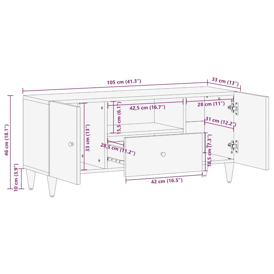 Meuble TV gris clair 105x33,5x46 cm bois massif de manguier - 11