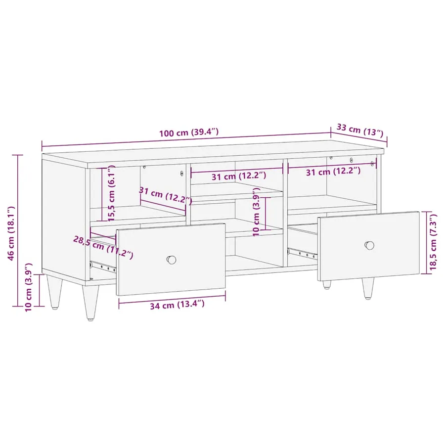 Meuble TV noir 100x33x46 cm bois massif de manguier - 11