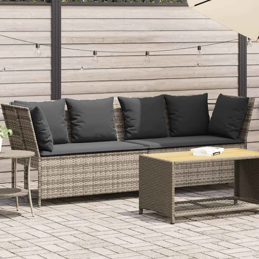 Canapé de jardin et coussins gris clair résine tressée