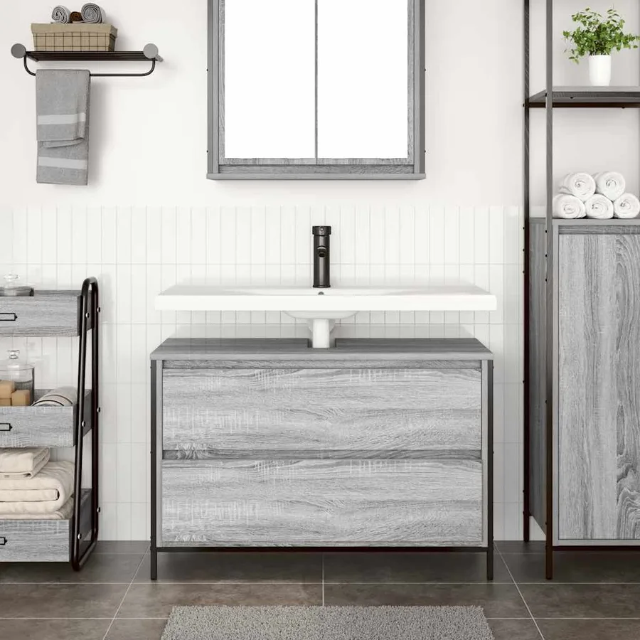 Meuble de salle de bain lavabo tiroirs sonoma gris 90x34,5x60cm - 3